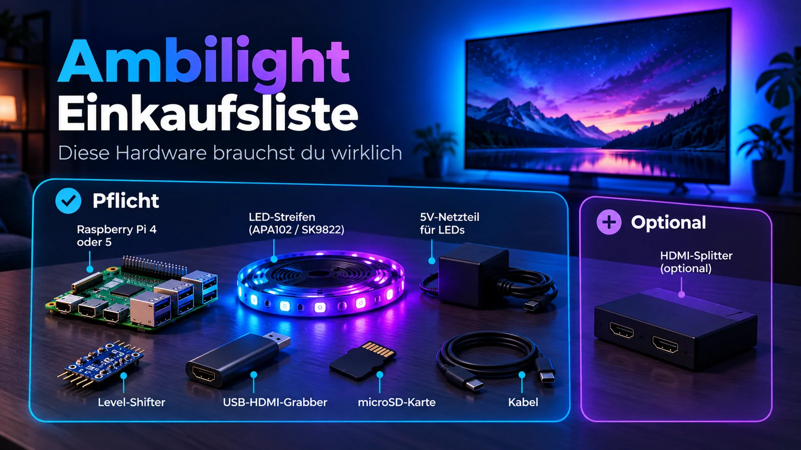 Ambilight Einkaufsliste mit Raspberry Pi, LED-Streifen, Netzteil, USB-HDMI-Grabber und optionalem HDMI-Splitter