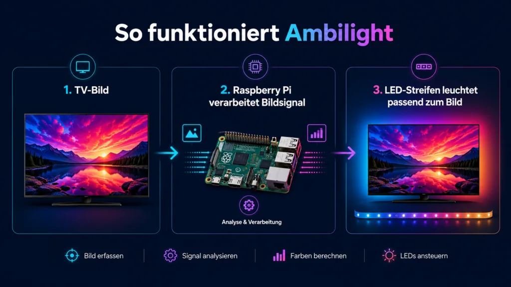 Funktionsprinzip eines DIY Ambilight mit TV, Raspberry Pi und LED-Streifen