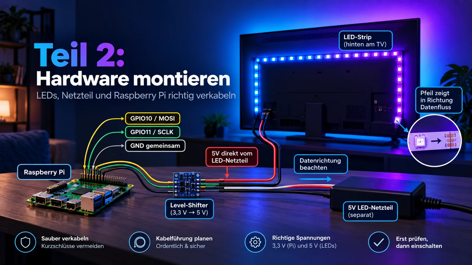 Verkabelung von Raspberry Pi, Level-Shifter, 5-V-LED-Streifen und LED-Netzteil