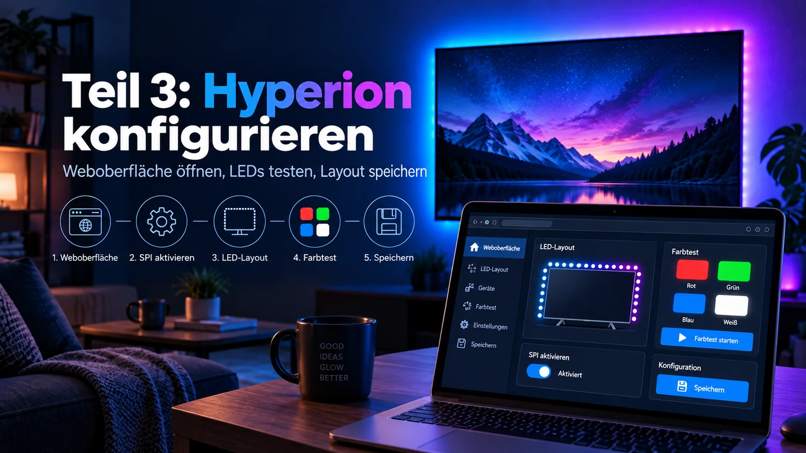 Schematische Infografik zur Hyperion-Konfiguration mit LED-Layout und Farbtest